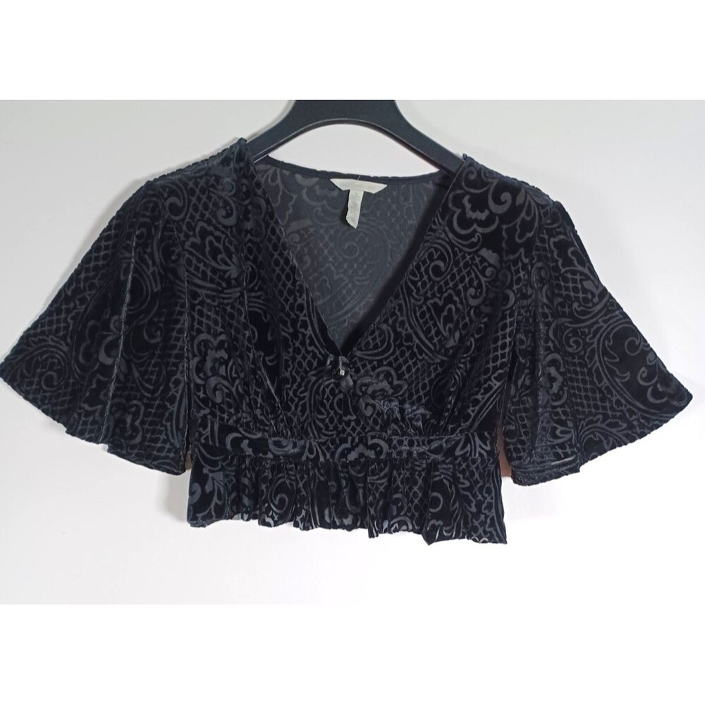 Velvet Burnout Babydoll Top V-Neck Flutter Sleeve Whimsigoth Fairy Crop Feminine